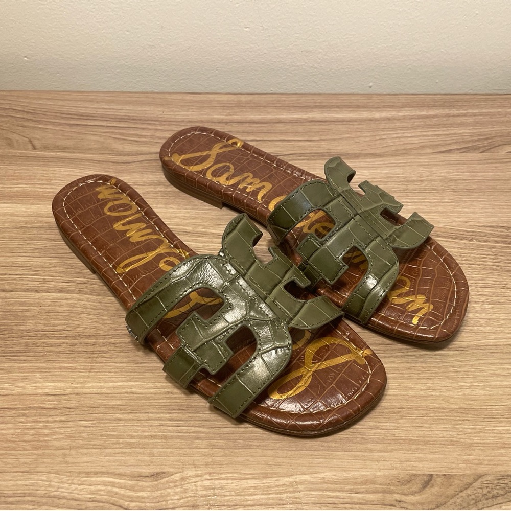 Sam Edelman Women's Bay Slide Sandals Green Croc Leather Open-Toe US Size 8M